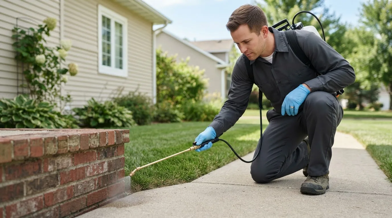 Pest control technician treating a home near Dickey, ND