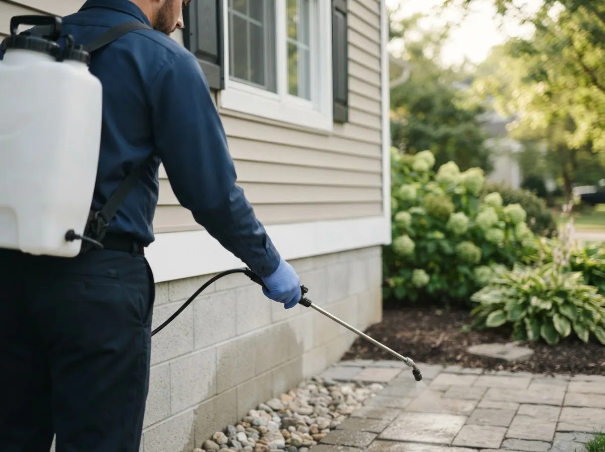 Pest control technician inspecting a home in Dickey, ND